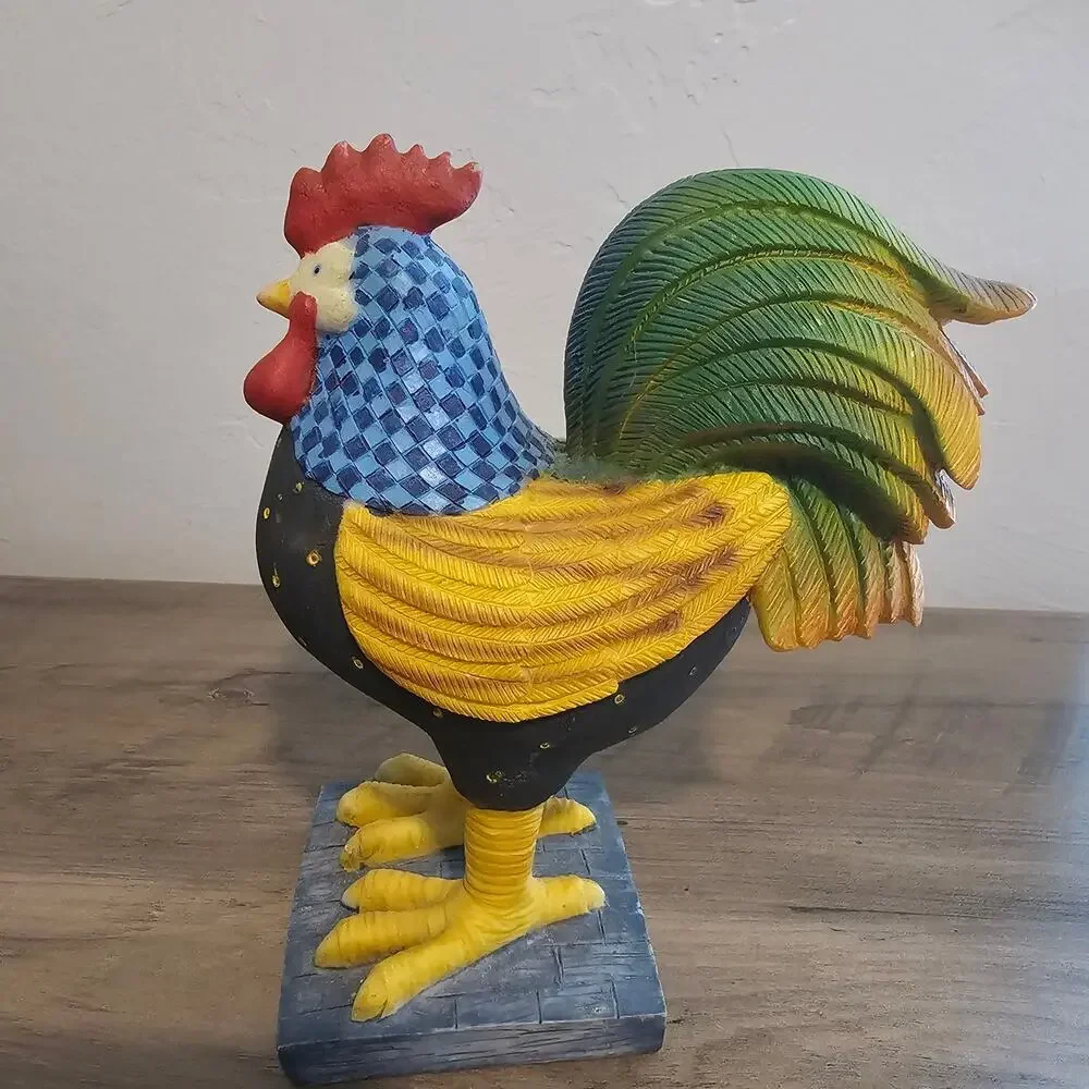 Vintage Dolgencorp Resin Rooster Statue Folk Art Patchwork Cottagecore Farmhouse